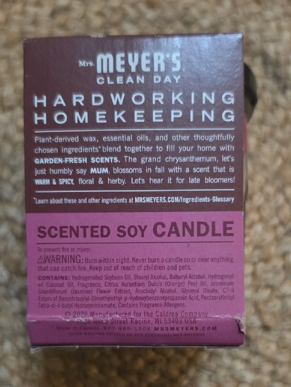 Mrs Meyers FALL Mum Scent Scented Soy Candle - Pink